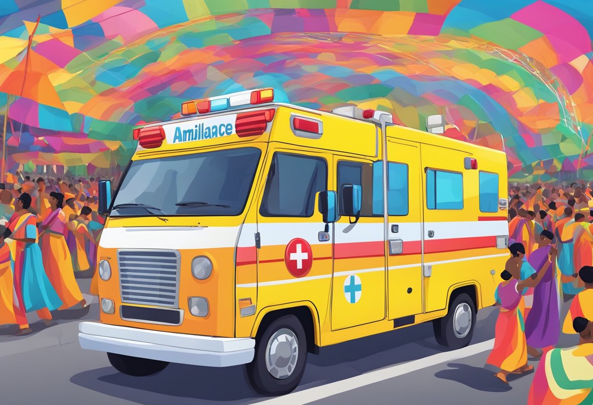 A colorful ambulance driving in reverse through a vibrant cultural festival, with traditional music and dance performances in the background