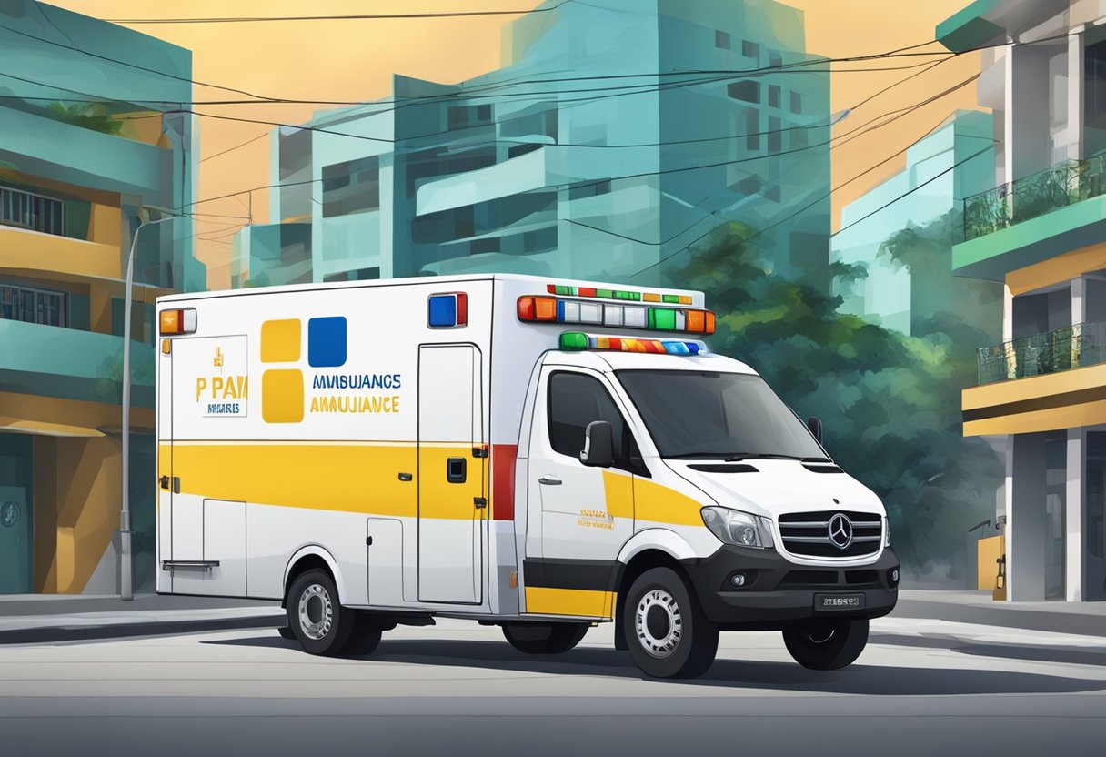 A private ambulance in Manaus, Brazil, with health insurance logos and various payment methods displayed