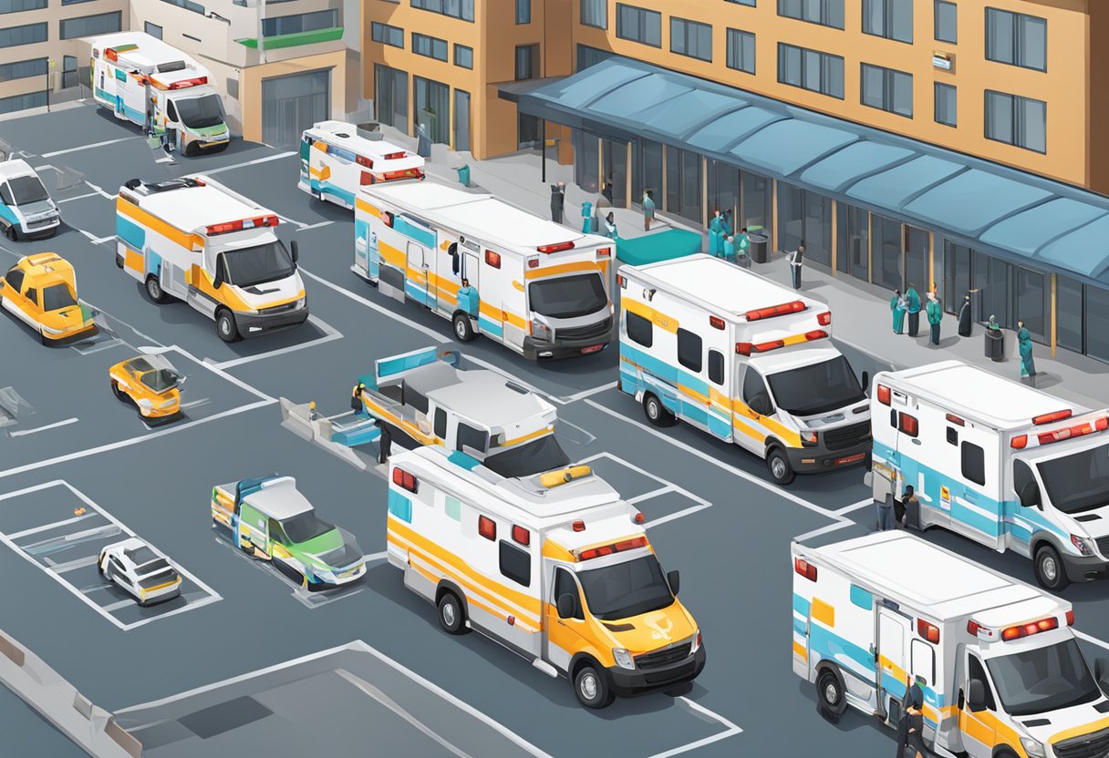 A busy ambulance bay with medical equipment and a parked ambulance