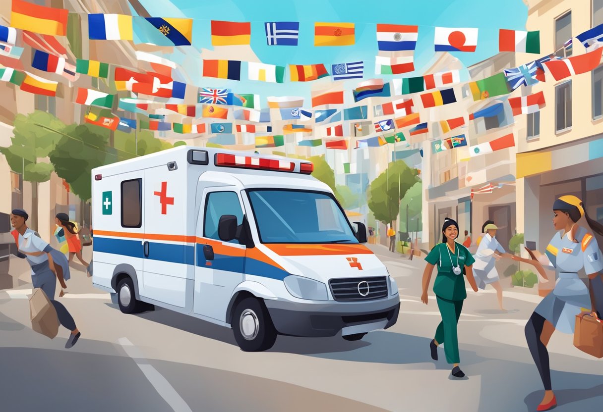 An ambulance nurse rushing to assist a patient, surrounded by international flags and diverse cultural symbols