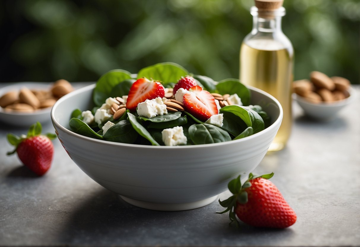 A bowl of spinach leaves topped with sliced strawberries, almonds, and feta cheese. A bottle of balsamic vinaigrette sits nearby