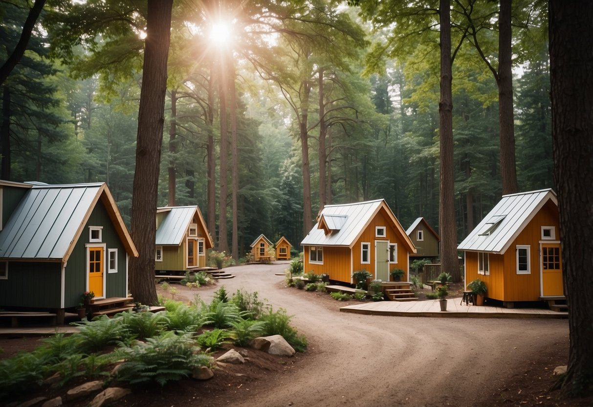 A cluster of tiny houses nestled among tall trees in a serene, wooded area with winding pathways and communal gathering spaces locations of tiny house communities