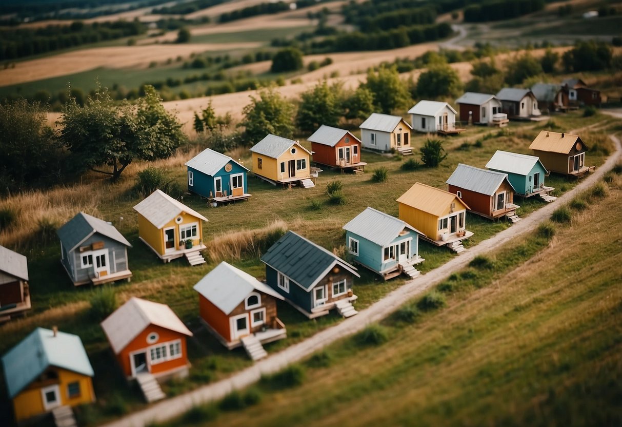 Aerial view of clustered tiny houses in diverse landscapes locations of tiny house communities