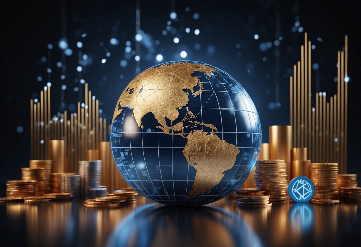 Cryptocurrency logos symbolizing economic impact and poverty combat, surrounded by graphs and charts, with a globe in the background