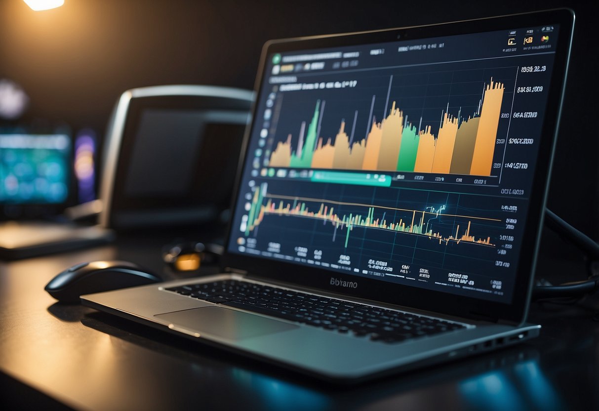 A computer screen displaying various cryptocurrency investment options being staked, with charts and graphs showing potential returns and growth