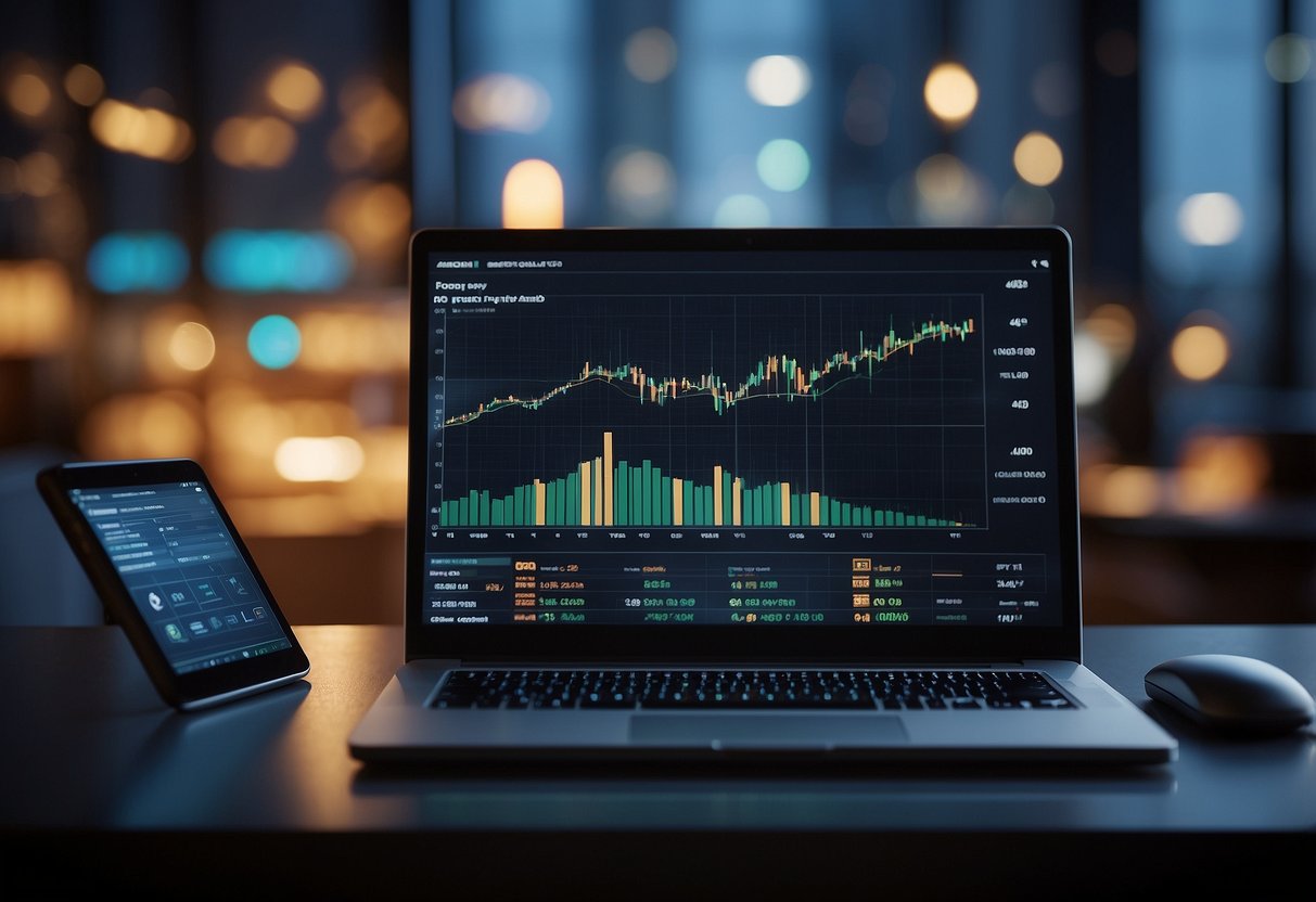 A computer screen shows a graph of staking rewards and risks, with a digital wallet and various cryptocurrency symbols in the background