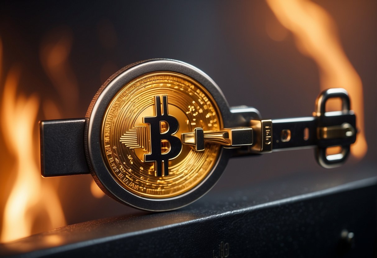 A secure vault with a key and lock, surrounded by a shield and a wall of fire, symbolizing essential security practices for cryptocurrency users