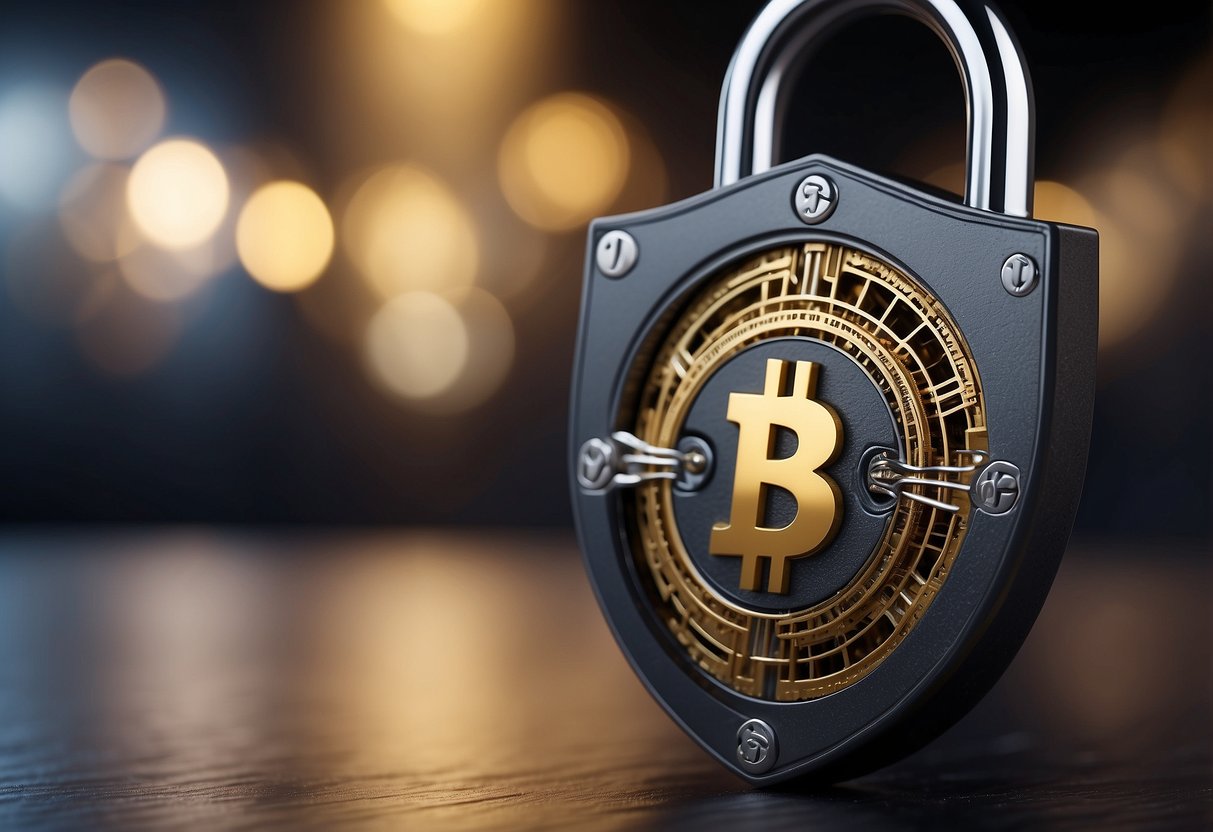 A digital lock protecting cryptocurrency assets with a shield and lock symbol. Security measures in place with a key and code