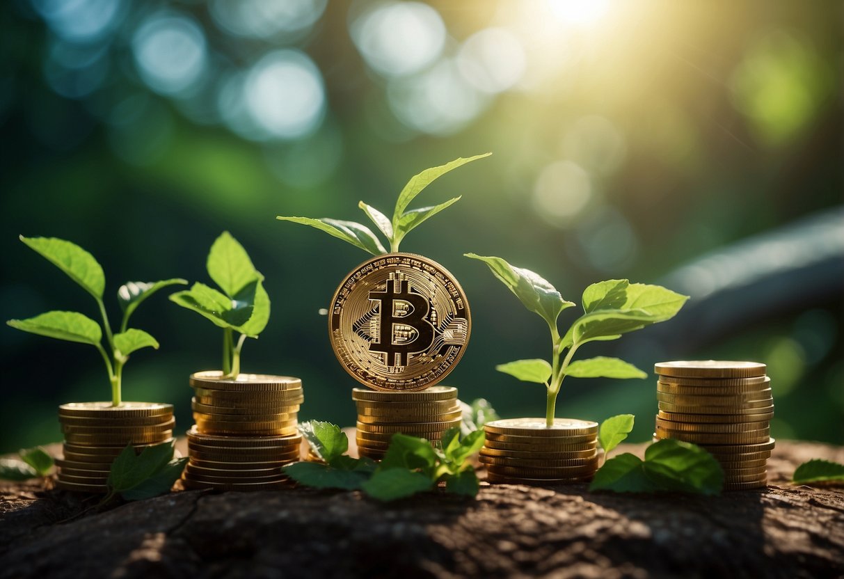 Cryptocurrencies and Environmental Protection: A tangled web of digital coins intertwined with lush greenery and clean, renewable energy sources