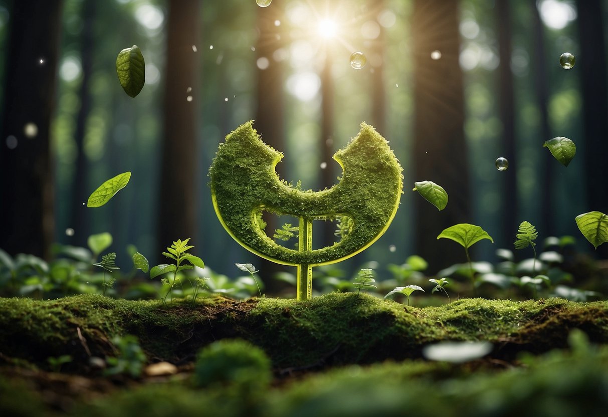 A lush forest with digital currency symbols floating above, contrasting with nature. Solutions for environmental protection intertwined with cryptocurrency fundamentals