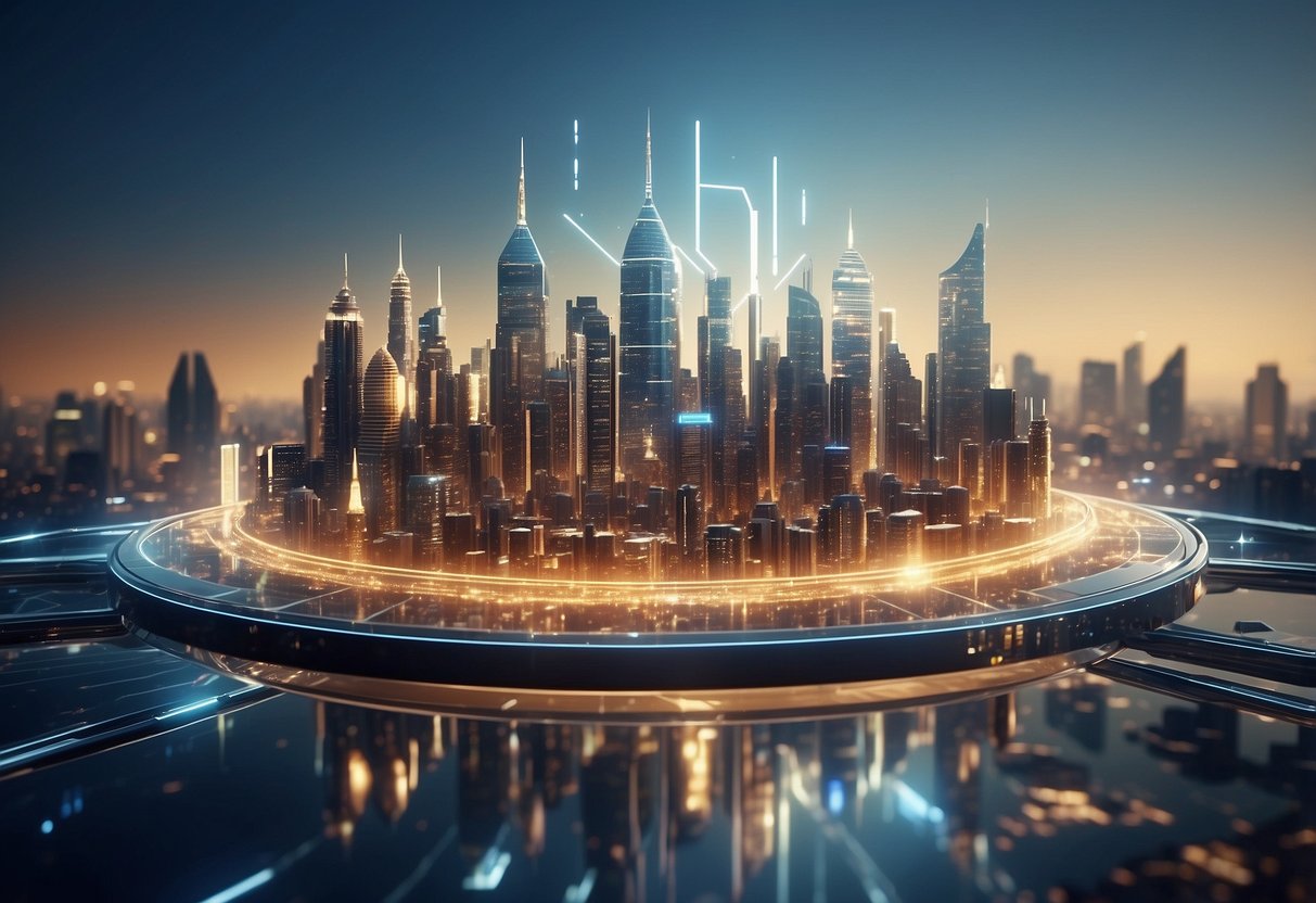 A futuristic city skyline with quantum computers and cryptocurrency symbols merging, creating a sense of technological advancement and financial innovation