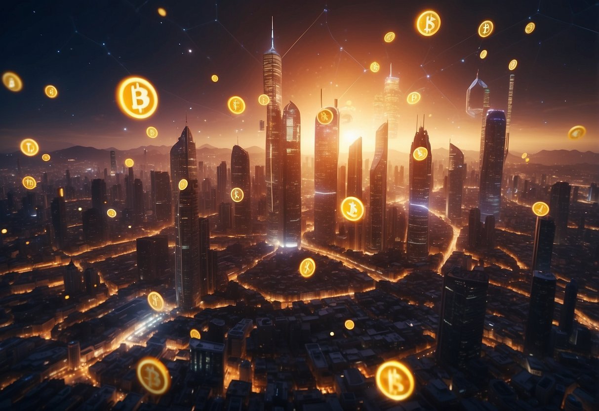 A futuristic cityscape with digital currency symbols floating in the air, surrounded by glowing blockchain networks. A quantum computer looms in the background, casting a shadow over the scene