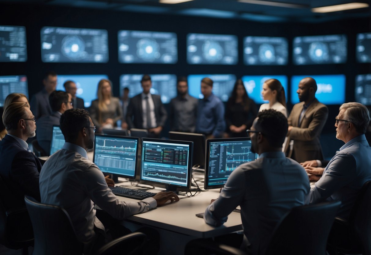 A diverse group of people engaging in discussions about cryptocurrency and its impact on democracy, surrounded by digital screens displaying fluctuating market data