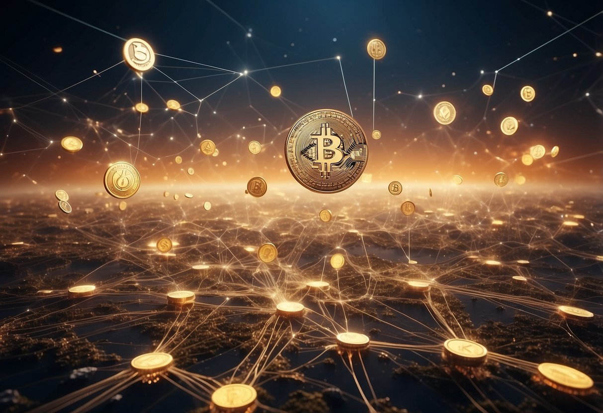 A digital landscape with various cryptocurrency symbols floating in the air, surrounded by a network of interconnected nodes and data streams