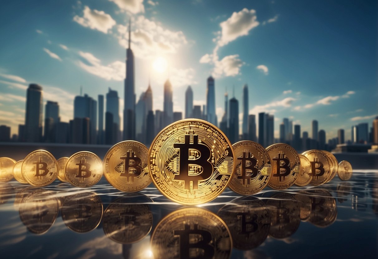 Cryptocurrencies revolutionizing real estate: digital coins flowing into a futuristic city skyline, merging with traditional buildings