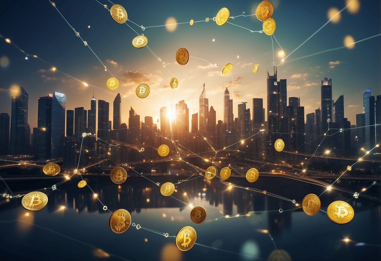 A modern city skyline with digital currency symbols floating above buildings, while blockchain chains connect them together