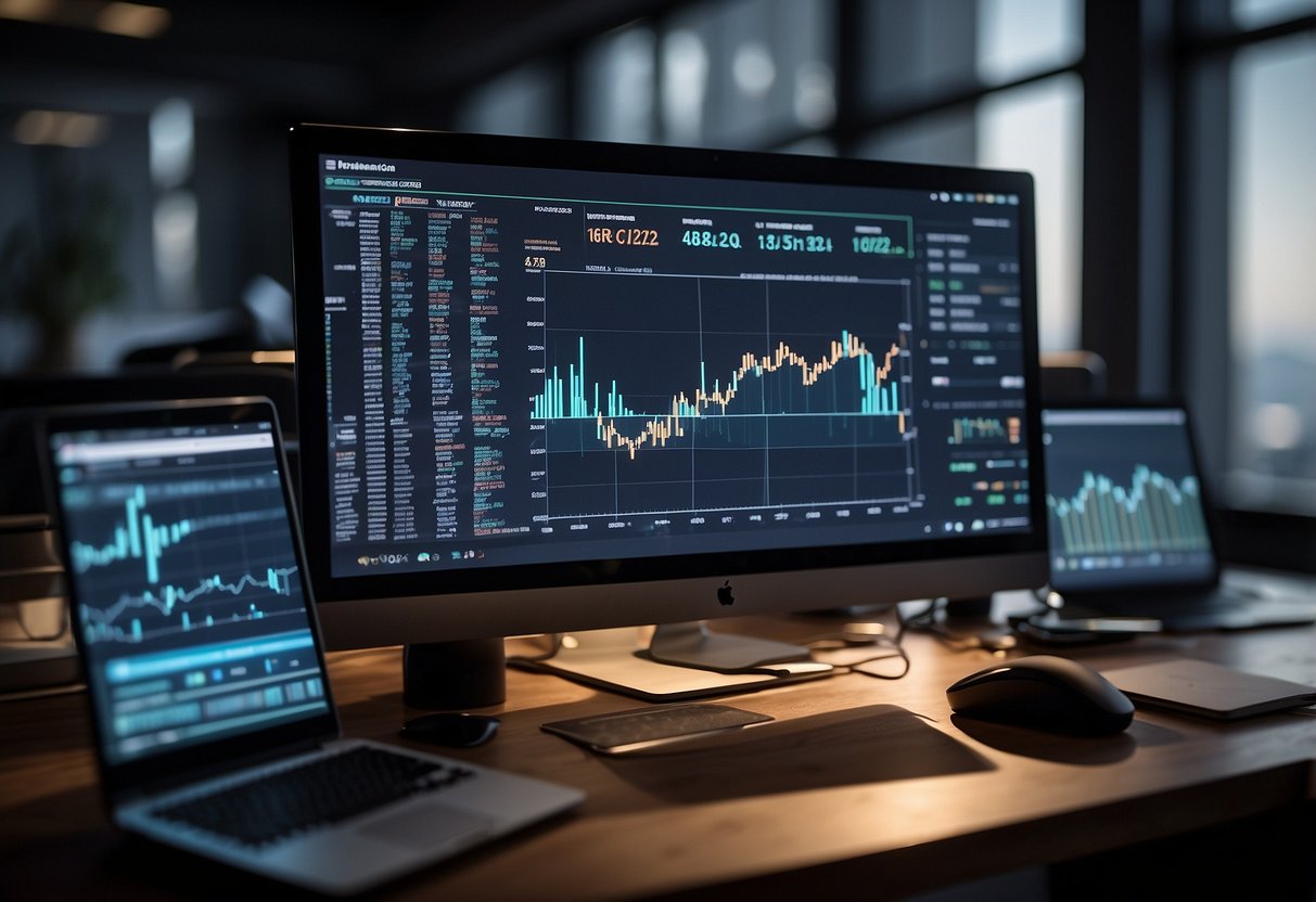 A diverse portfolio with various financial assets, including cryptocurrency, displayed on a computer screen with charts and graphs