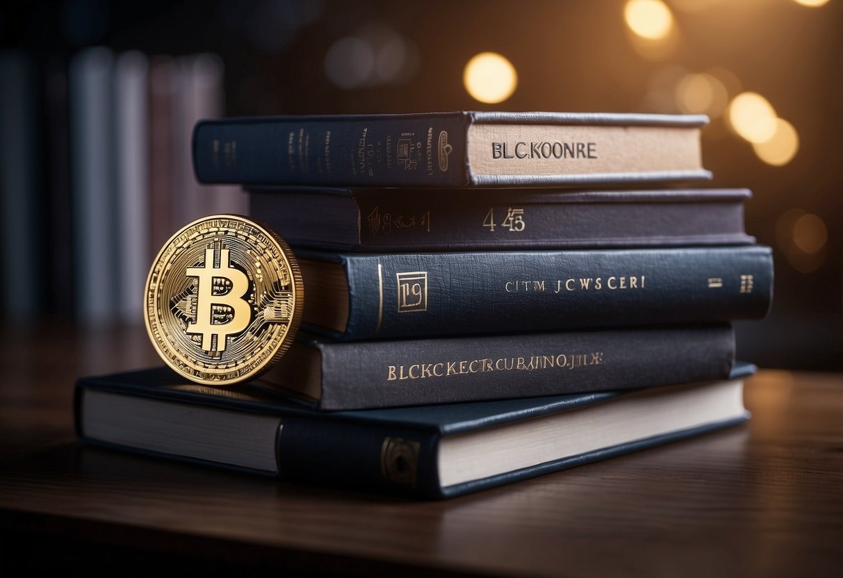 A stack of books on cryptocurrency and blockchain sits on a desk, with titles and symbols visible on the covers