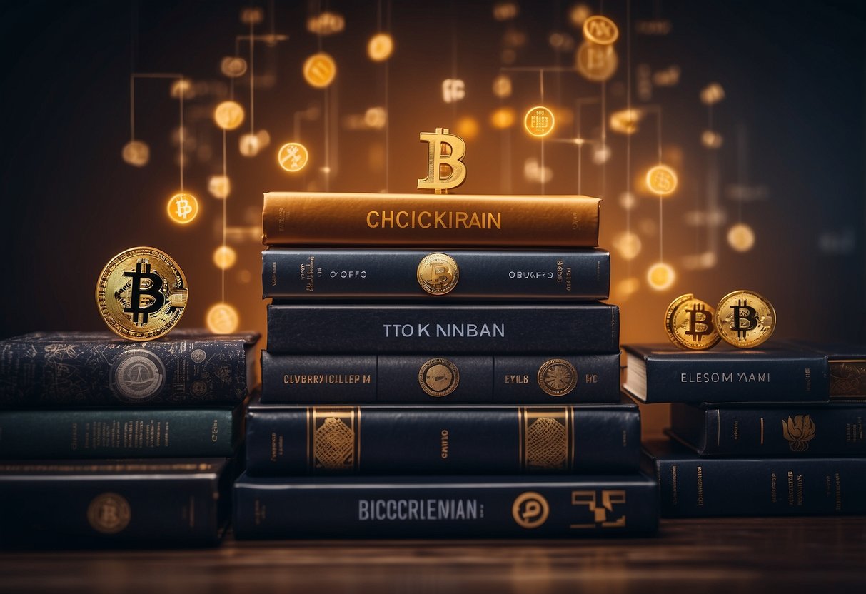 A stack of books on blockchain and cryptocurrencies, with titles in bold letters, surrounded by digital currency symbols and blockchain diagrams