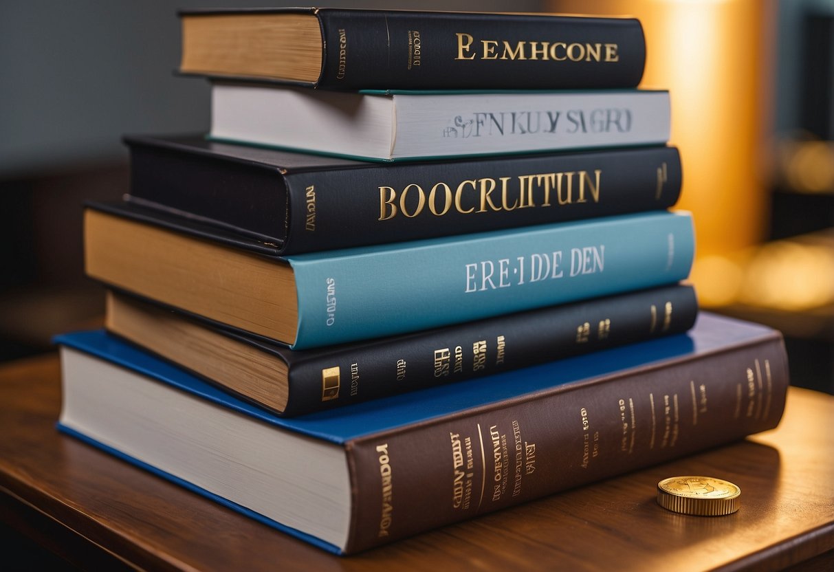 A stack of essential cryptocurrency and blockchain books on a desk, with titles clearly visible