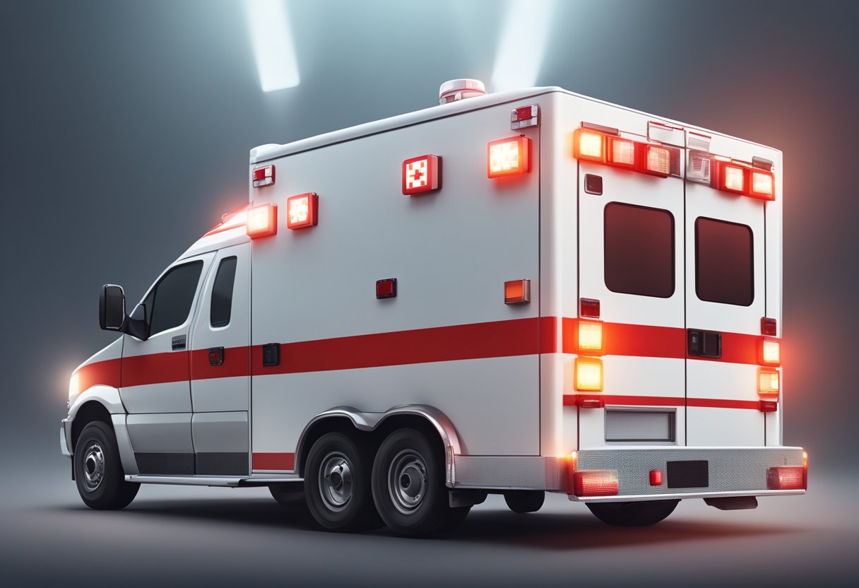 An ambulance with red and white color, flashing lights, and a medical symbol on the side