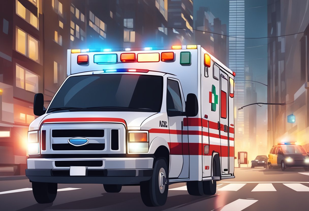 An ambulance with flashing lights and sirens, rushing through city streets with a paramedic inside attending to medical equipment