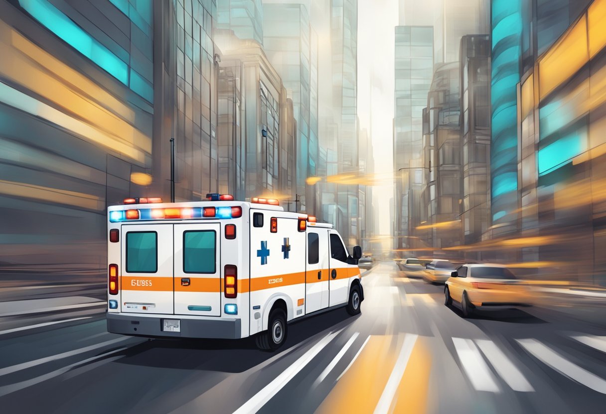 An ambulance speeding through city streets with flashing lights and blaring sirens, rushing to a scene of emergency