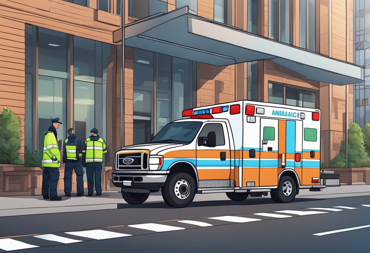An ambulance parked outside a building, with flashing lights and paramedics attending to a patient on a stretcher