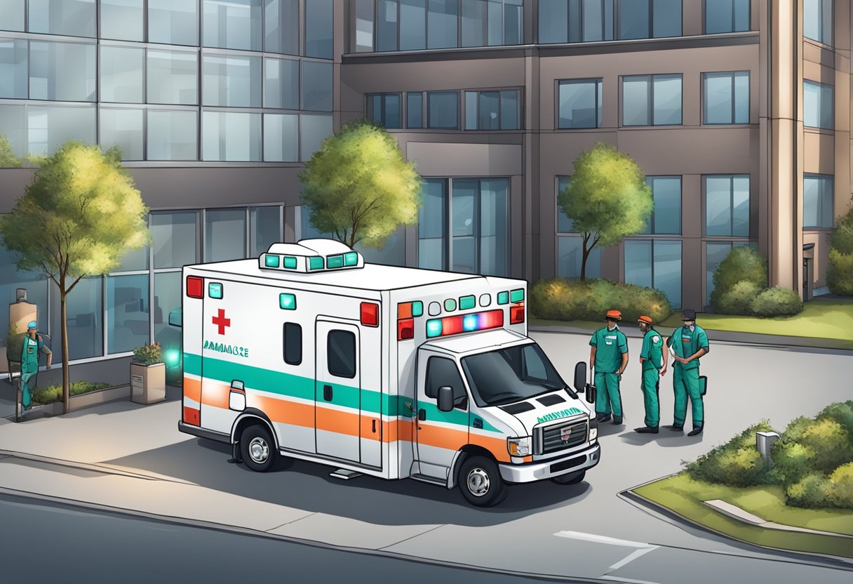 An ambulance parked outside a hospital, with its lights flashing and paramedics unloading medical equipment