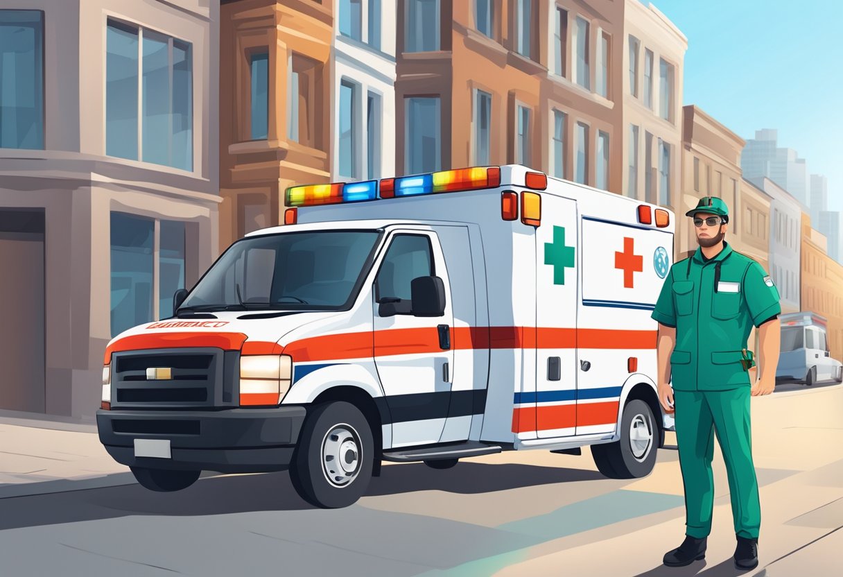 A paramedic in uniform stands next to an ambulance, holding a medical kit. The ambulance is parked on a city street, with buildings and a clear sky in the background
