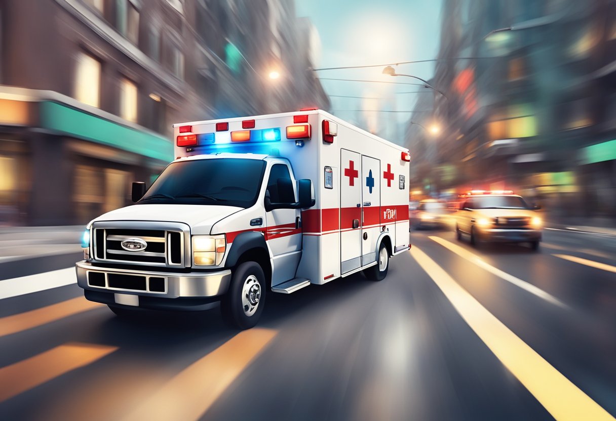 Ambulâncias: Tecnologia e Eficiência no Atendimento de Emergências 1 An ambulance rushing through city streets with flashing lights and blaring sirens, symbolizing the importance of emergency medical services in the healthcare system