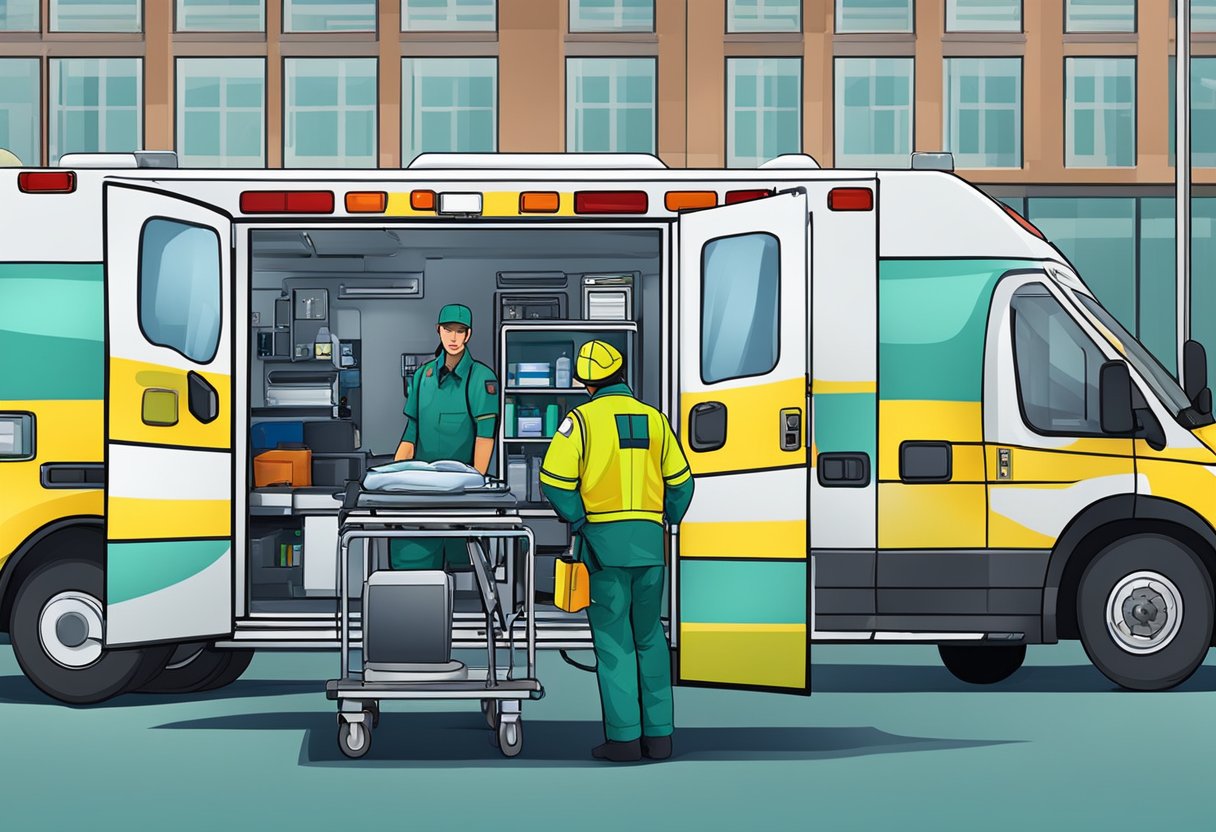 Ambulâncias: Tecnologia e Eficiência no Atendimento de Emergências 5 A team of paramedics prepare medical equipment inside an ambulance parked outside a hospital