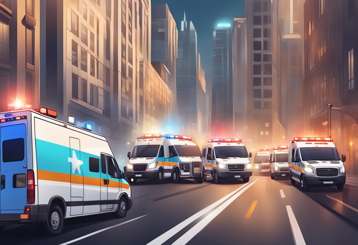 Ambulâncias: Tecnologia e Eficiência no Atendimento de Emergências 6 Emergency ambulances racing through city streets with flashing lights and blaring sirens