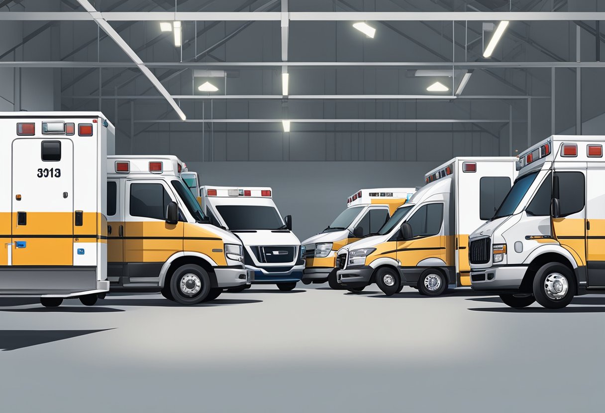Ambulâncias: Tecnologia e Eficiência no Atendimento de Emergências 7 Ambulances lined up for maintenance and upgrades at a busy repair facility