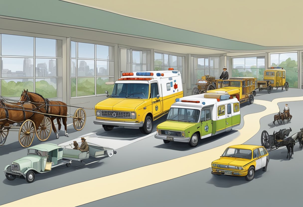 A timeline of ambulance evolution, from horse-drawn to modern vehicles, displayed in a museum setting