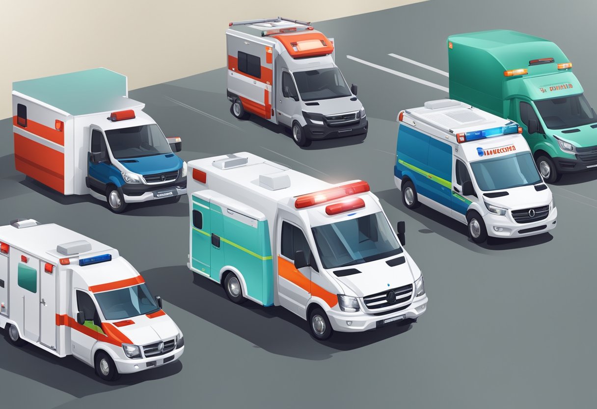 Various types of ambulances parked in a row, including a traditional van-style ambulance, a modern ambulance with advanced medical equipment, and a compact ambulance for navigating tight spaces