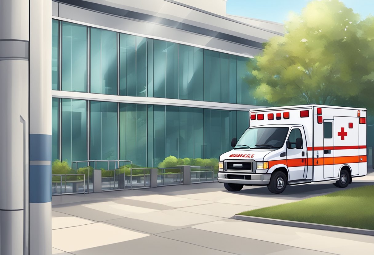 An ambulance parked outside a hospital, with its lights flashing and medical equipment visible through the windows