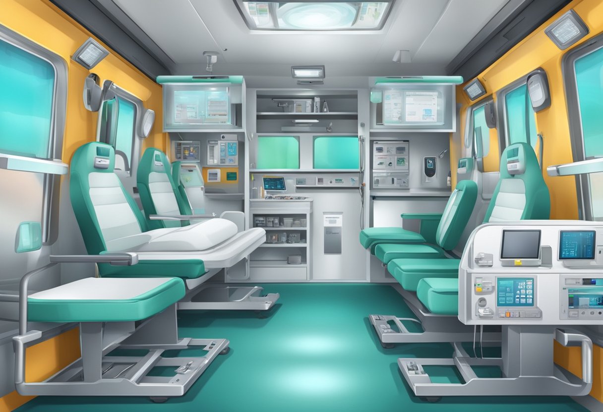 Ambulance interior with medical equipment and technology