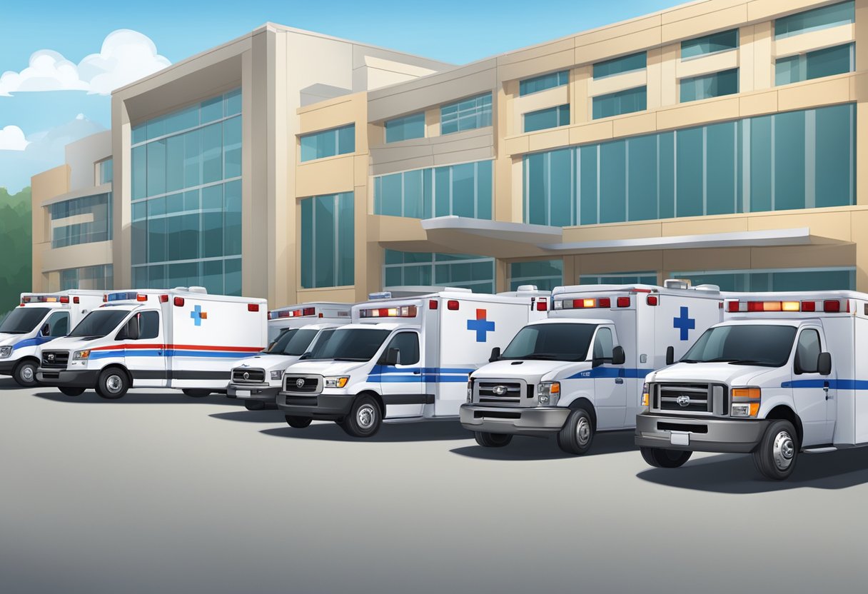 A fleet of ambulances parked outside a medical facility, with medical equipment and supplies being loaded and unloaded by staff