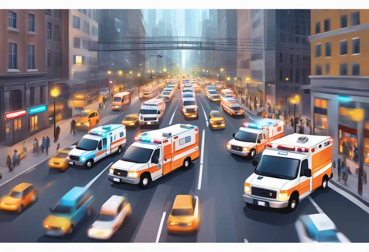 Ambulances rushing through city streets with bright lights and blaring sirens, navigating through traffic and crowded intersections
