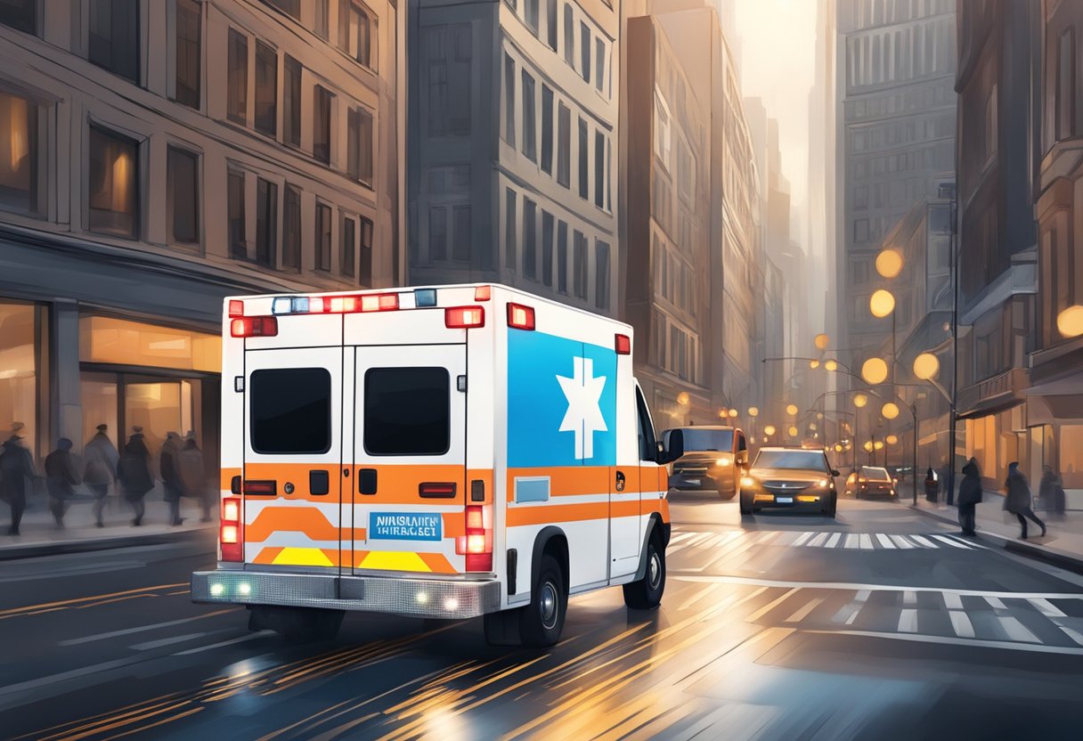 An ambulance speeds through a busy city street, its lights flashing and siren blaring as it rushes to respond to an emergency