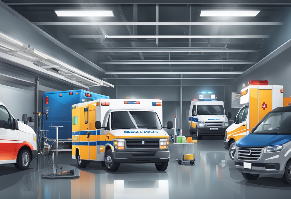Various types of ambulances and medical equipment arranged neatly in a well-lit garage