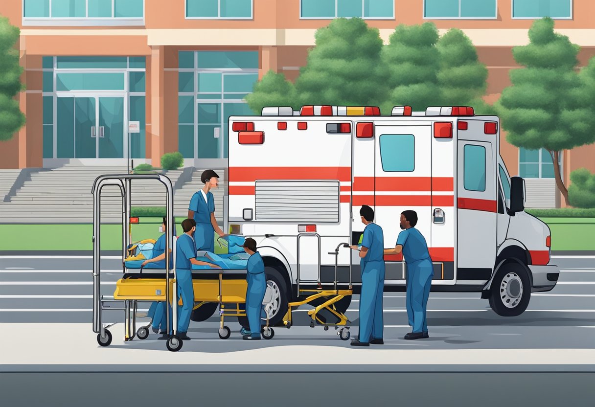 An ambulance parked outside a hospital, with medical staff loading a stretcher into the vehicle