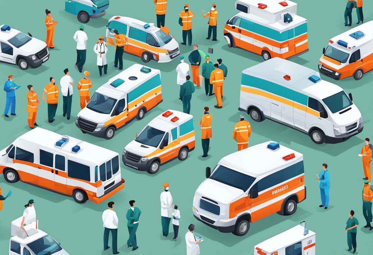 Medical and paramedical teams with ambulances