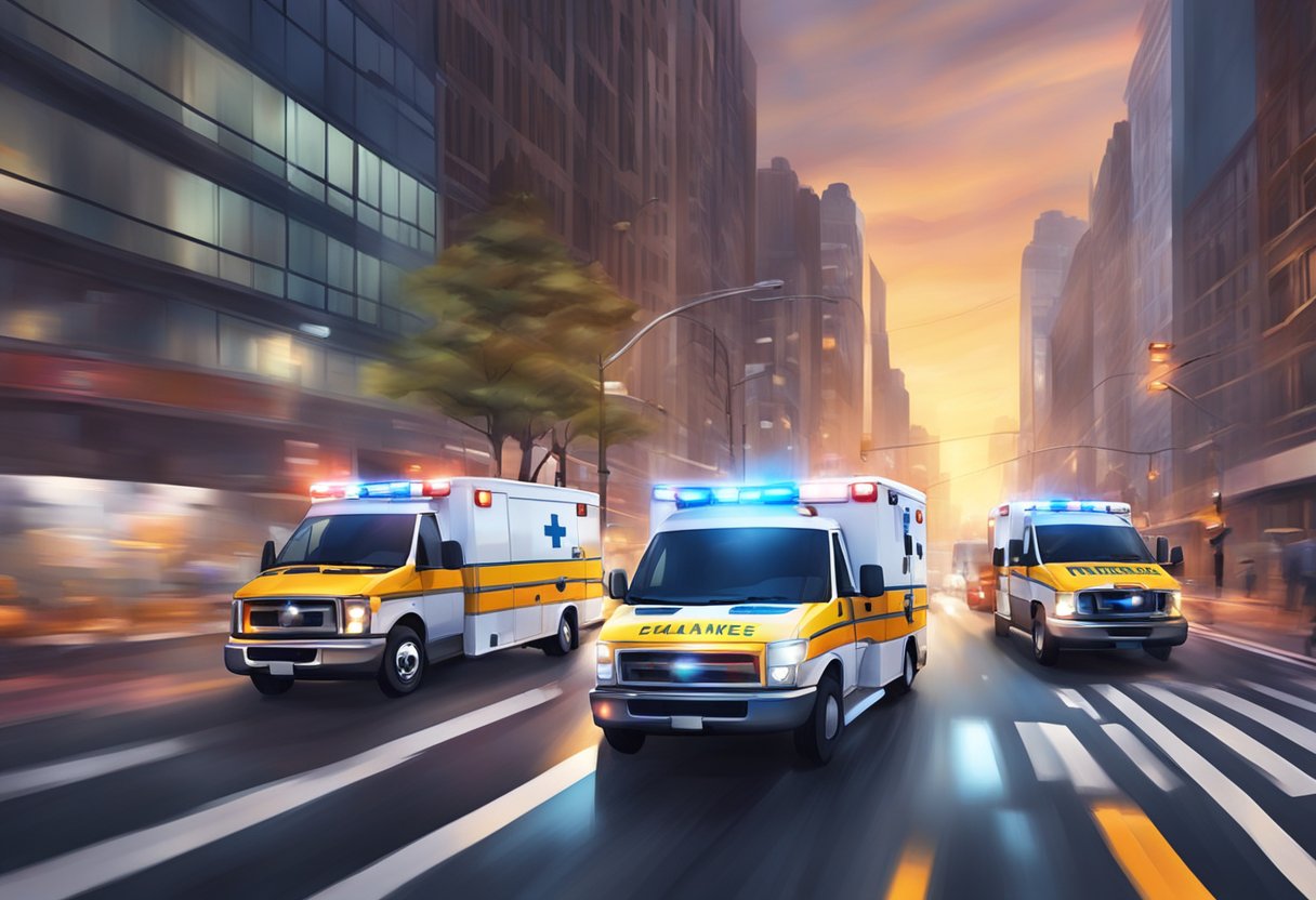 Ambulances rushing through city streets with flashing lights and blaring sirens, navigating through traffic and arriving at various emergency scenes