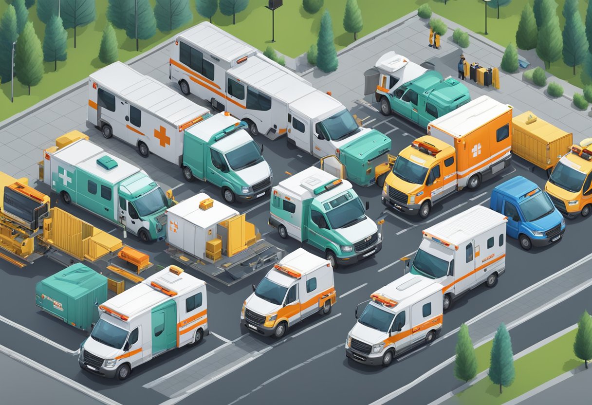 A fleet of ambulances parked outside a logistics and administrative center, with staff coordinating operations and supplies