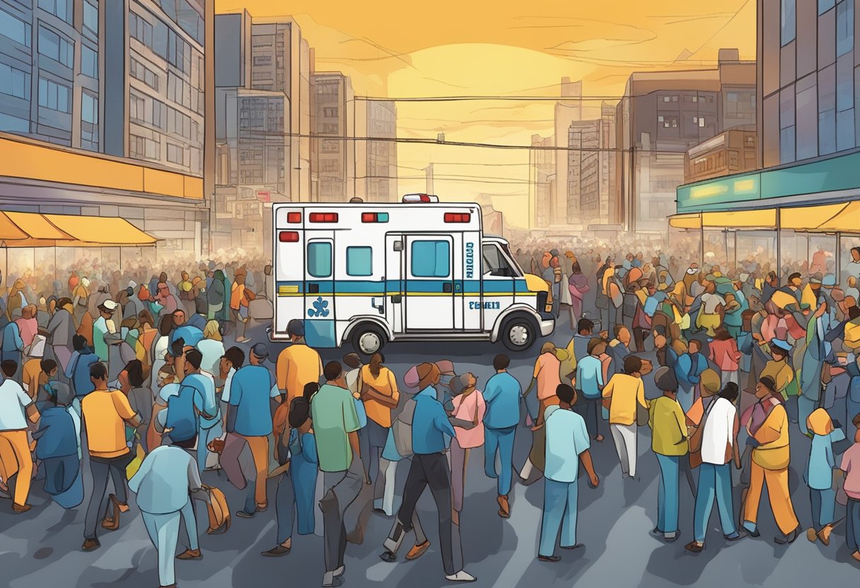 Ambulances rushing through a crowded event, lights flashing, sirens blaring, and medical personnel attending to patients in need
