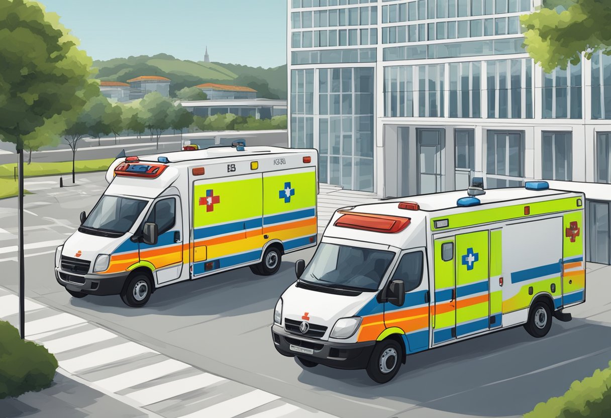 Ambulances parked outside a government building, with signs displaying "Norms and Legislation for Ambulances" in Portuguese