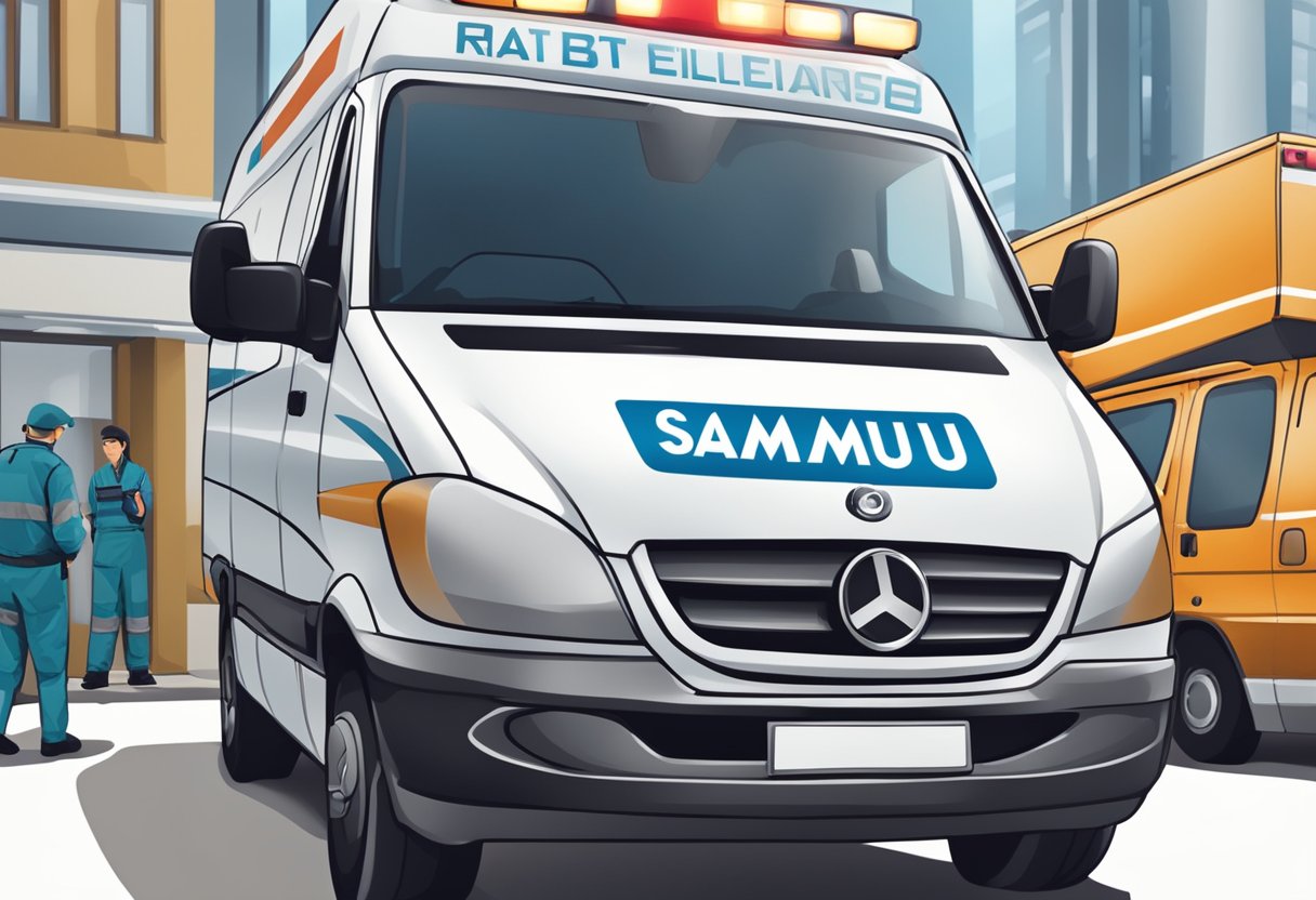 The SAMU ambulance number is being dialed on a cellphone, with the ambulance in the background