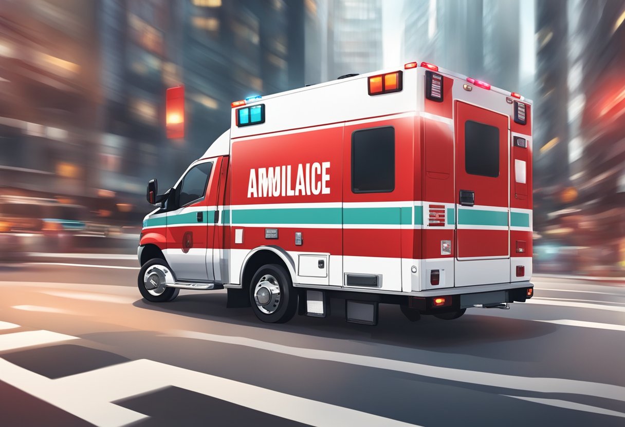 A red and white ambulance with flashing lights and sirens, racing down a busy city street